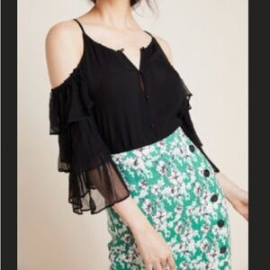 Anthropologie Maeve Open Shoulder Black Ruffle Blouse